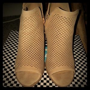 Tan open toe booties